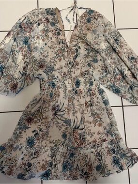 lovestitch Floral V-Neck Mini Dress in Cream, Blue, and Pink